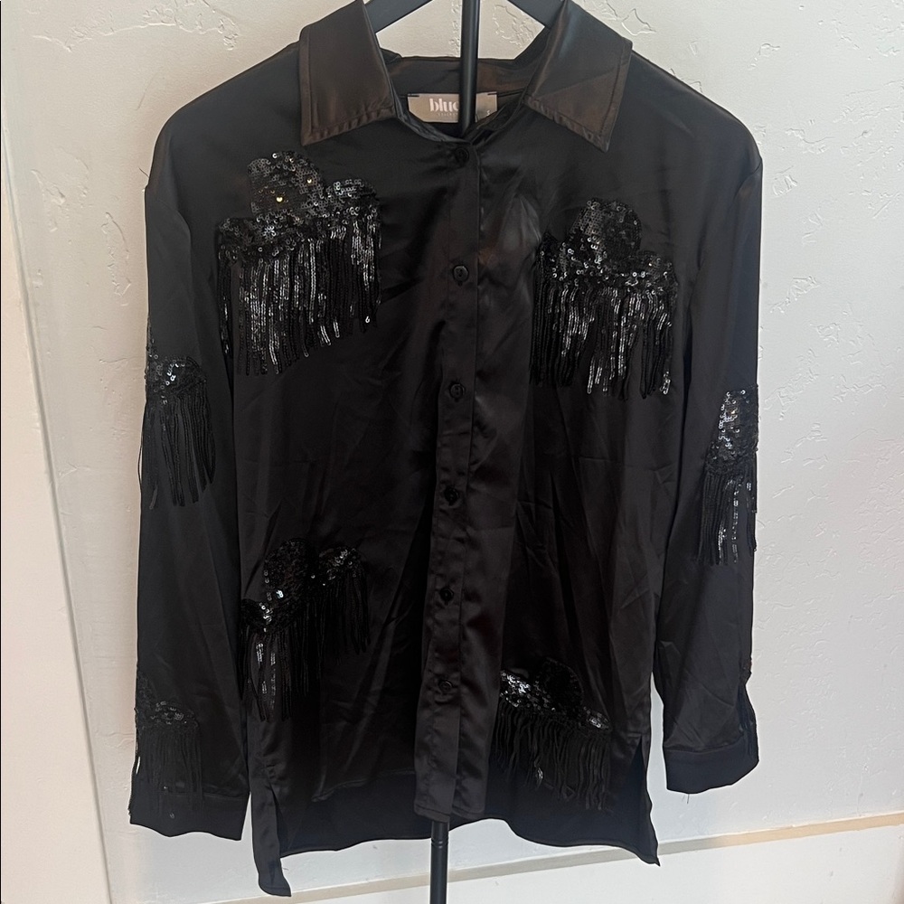 NWT Blueb Black Sequin Fringe Button-Up Shirt